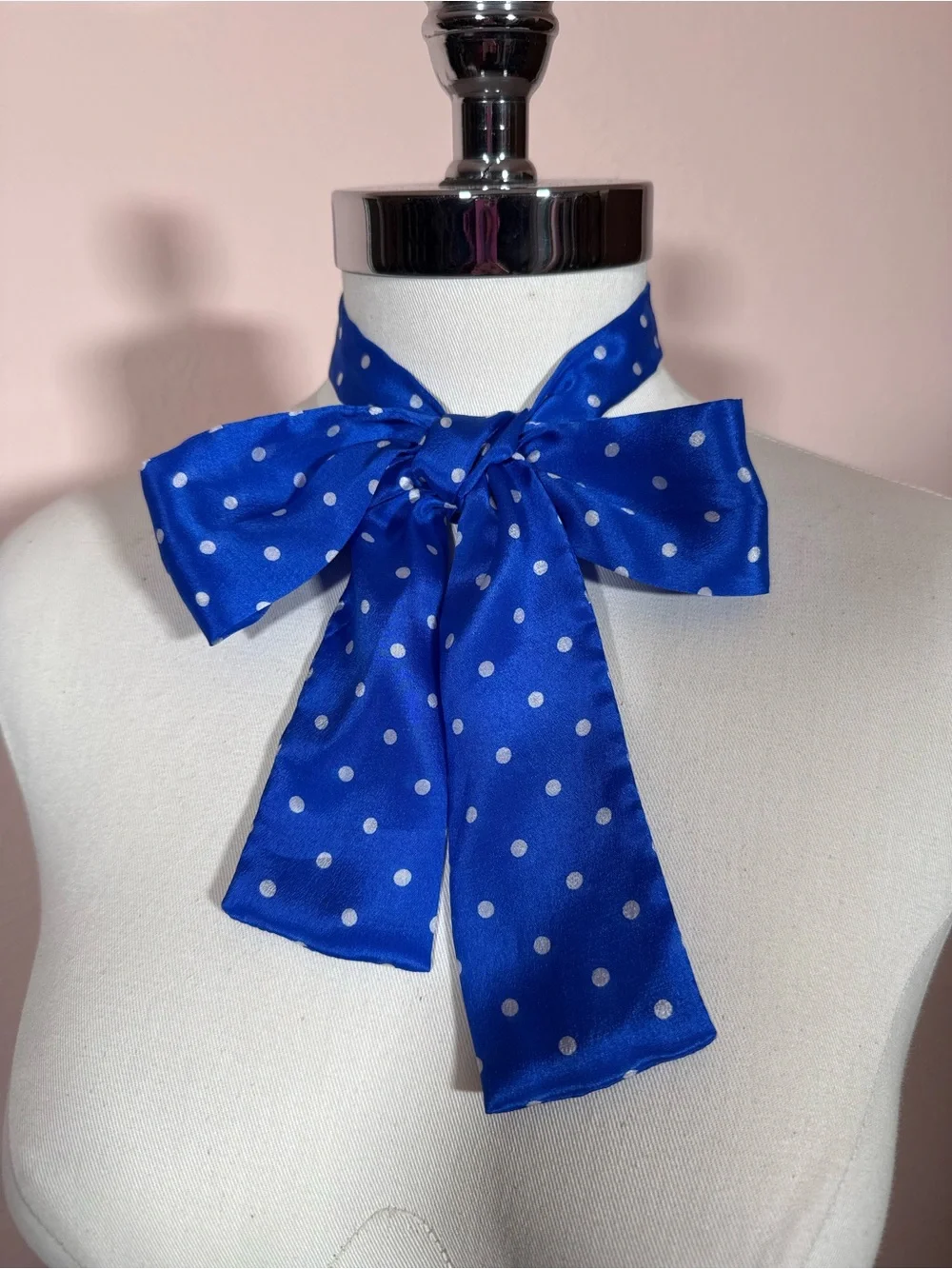 Vintage specialty House Royal blue white polka dot Silk bow neck scarf Twilly